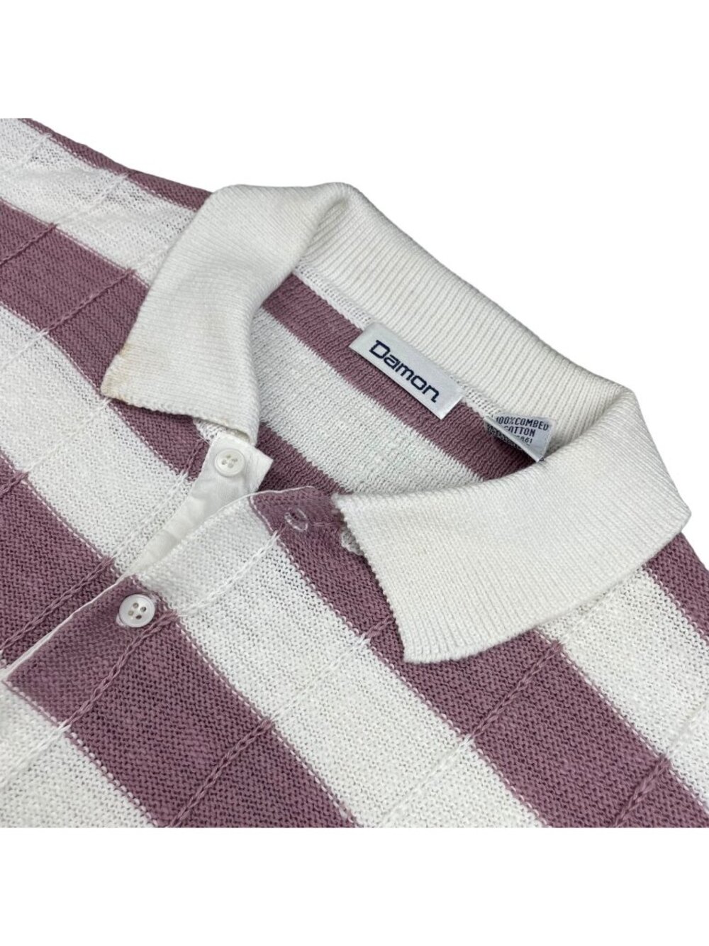 VTG Damon Men's 100% Cotton Knit Polo Sweater Lavender/White Stripe • XL